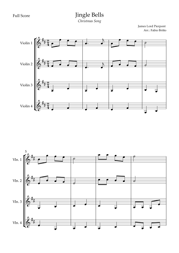 Jingle Bells (Christmas Song) for Violin Quartet (arr. Fabio Britto)