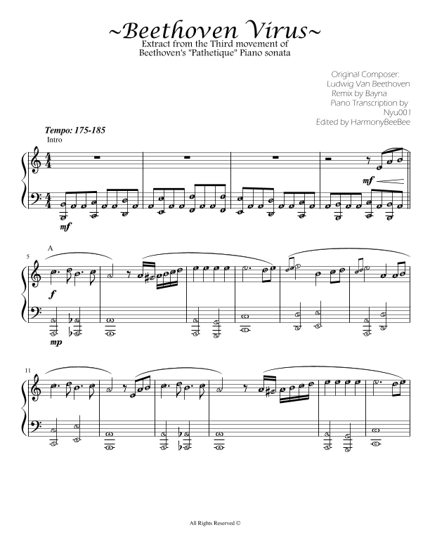 Beethoven Virus Piano Sheet Music with note names (arr. Bayna)