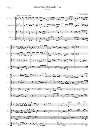 Brandenburg Concerto No. 3 in G major, BWV 1048 1st Mov. (J.S. Bach) for Clarinet Quartet (arr. Victor Drake)
