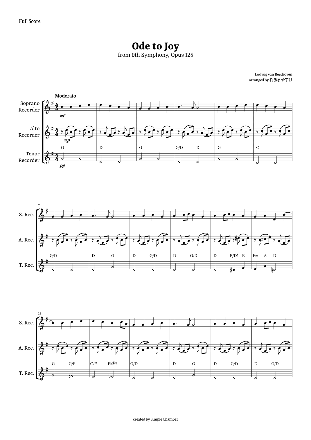 Ode to Joy for Recorder Trio by Beethoven Opus 125 (arr. れある やすけ)