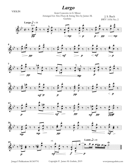 Bach: Largo from Concerto BWV 1056 for Alto Flute & String Trio (arr. James M. Guthrie)