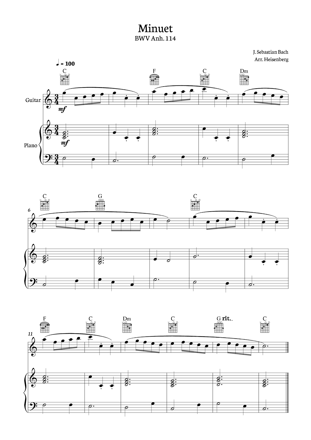 Minuet - Bach for Guitar with piano. (arr. Heisenberg)