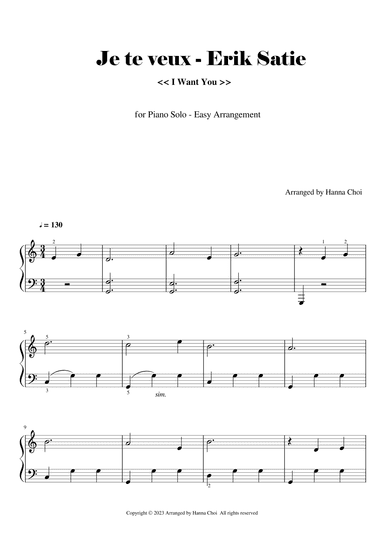 Je te veux (I want you)  by Erik Satie [for Piano solo - Easy Level] (arr. Hanna Choi)