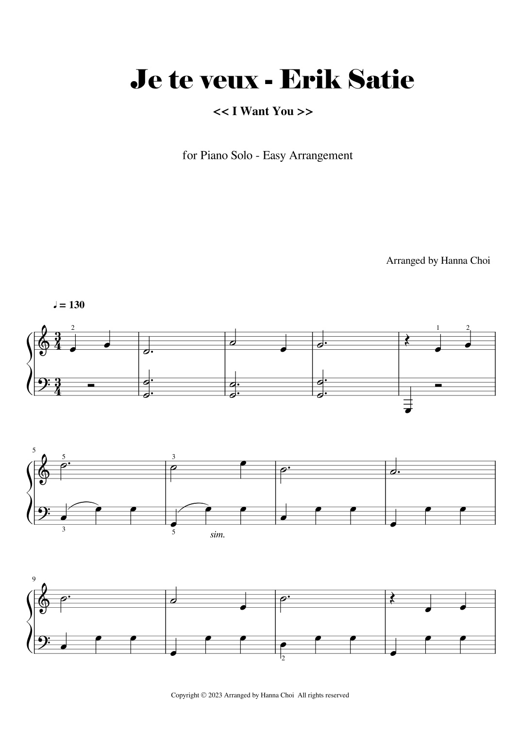 Je te veux (I want you)  by Erik Satie [for Piano solo - Easy Level] (arr. Hanna Choi)