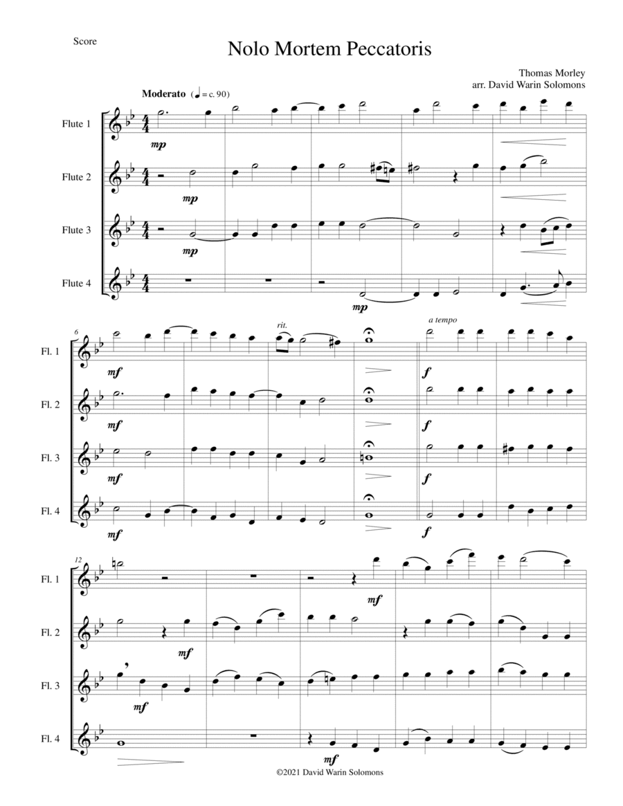 Nolo mortem peccatoris (I do not wish a sinner to die) for 4 flutes (arr. David Warin Solomons)