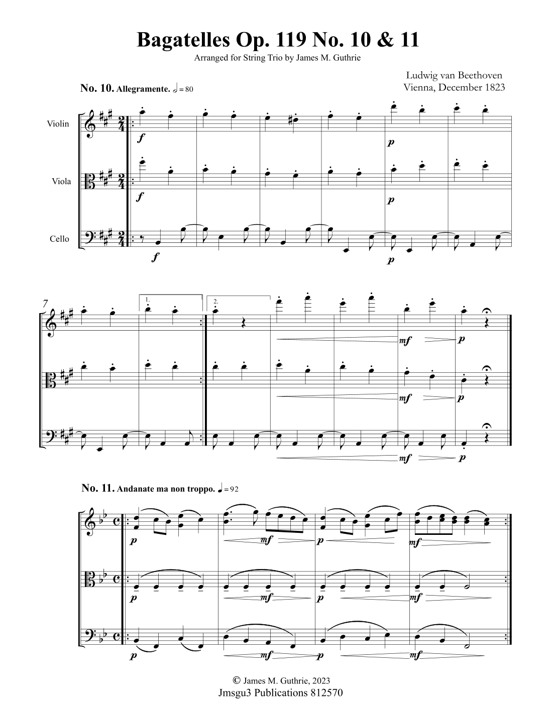 Beethoven: Bagatelle Op. 119 No. 10 & 11 for String Trio (arr. James M. Guthrie, ASCAP)