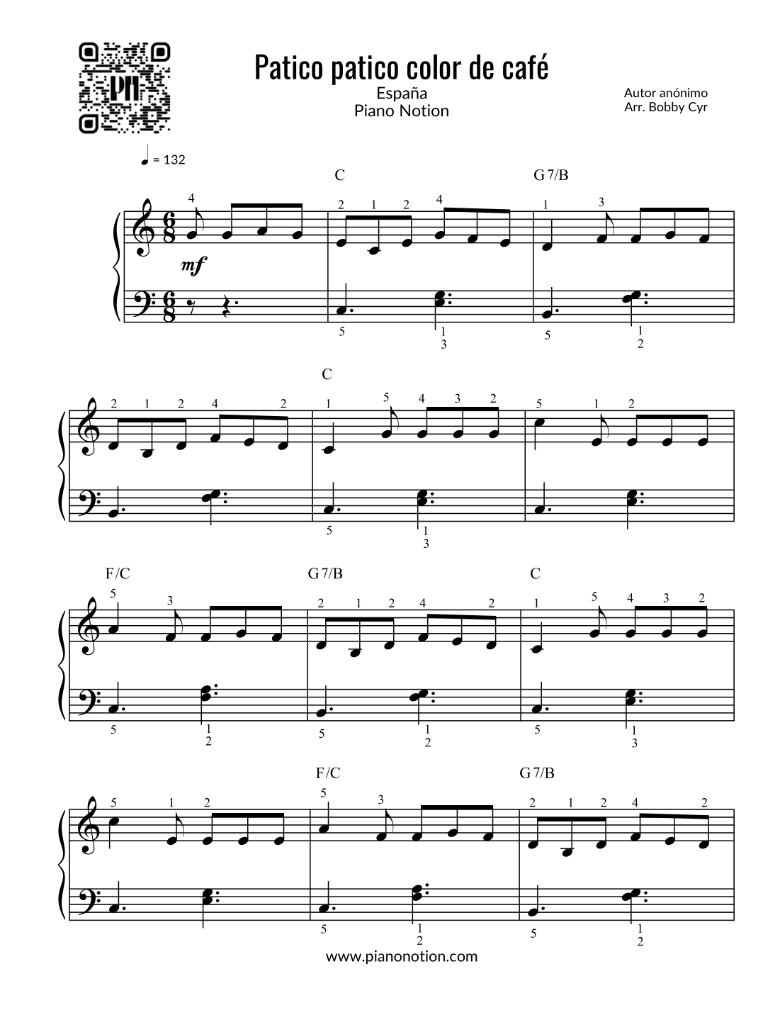 Patico patico color de café - Canciones infantiles (piano fácil) (arr. Bobby Cyr - Piano Notion)