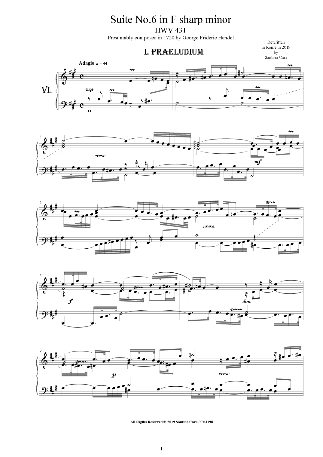 Handel - Piano Suite No.6 in F sharp minor HWV 431 (arr. Santino Cara)