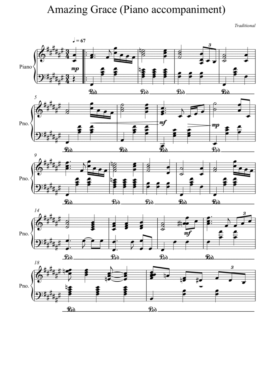 Amazing Grace Piano accompaniment - F# Major (arr. Albert van Niasky)