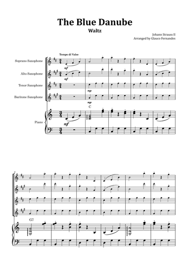 The Blue Danube - Saxophone Quartet with Piano and Chord Notations (arr. Glauco Fernandes)
