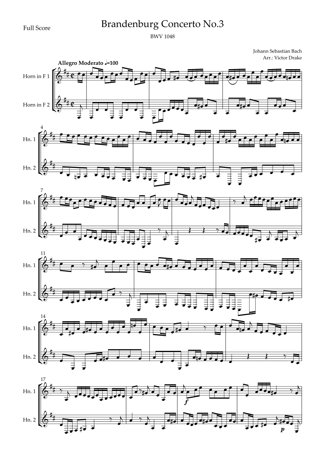 Brandenburg Concerto No. 3 in G major, BWV 1048 1st Mov. (J.S. Bach) for Horn in F Duo (arr. Victor Drake)