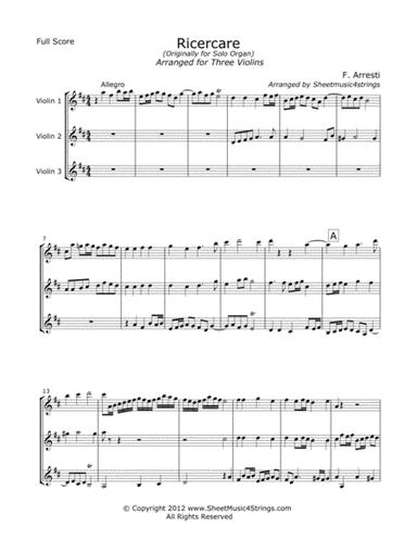 Arresti, F. - Ricercare for Three Violins (arr. SheetMusic4Strings)