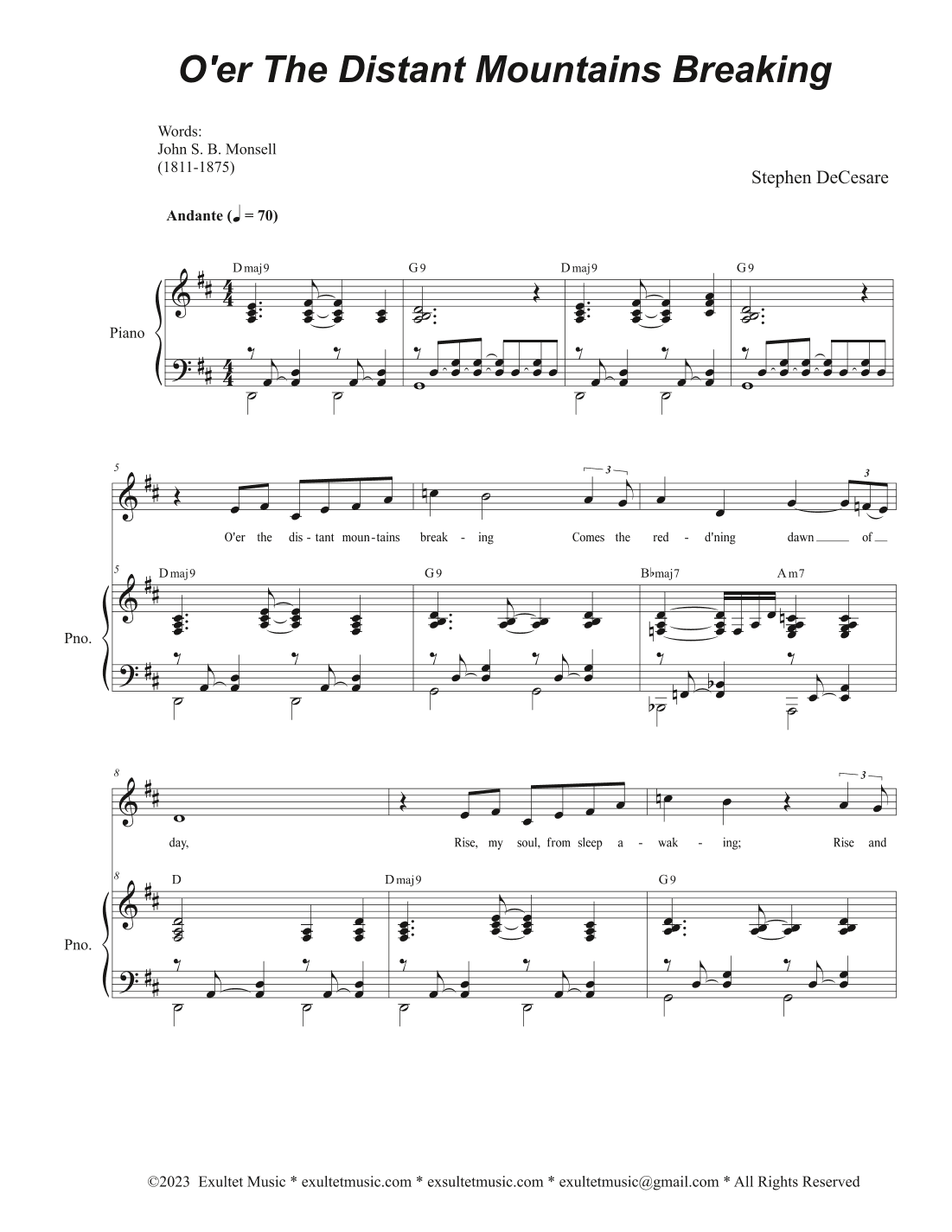 O'er The Distant Mountains Breaking (Unison choir - High Key)