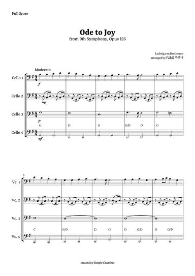 Ode to Joy for Violoncello Quartet by Beethoven Opus 125 (arr. れある やすけ)