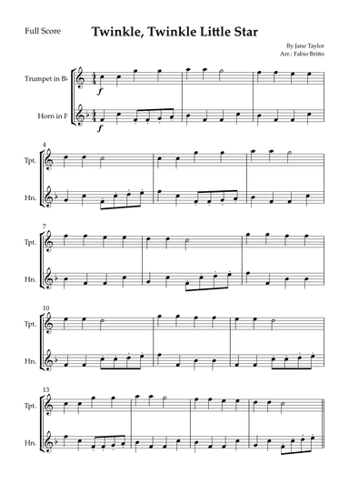 Twinkle, Twinkle Little Star for Trumpet in Bb & Horn in F Duo (arr. Fabio Britto)