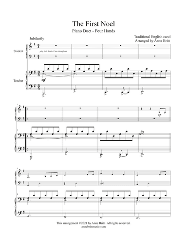The First Noel (late elementary student/teacher piano duet) - key of G (arr. Anne Britt)