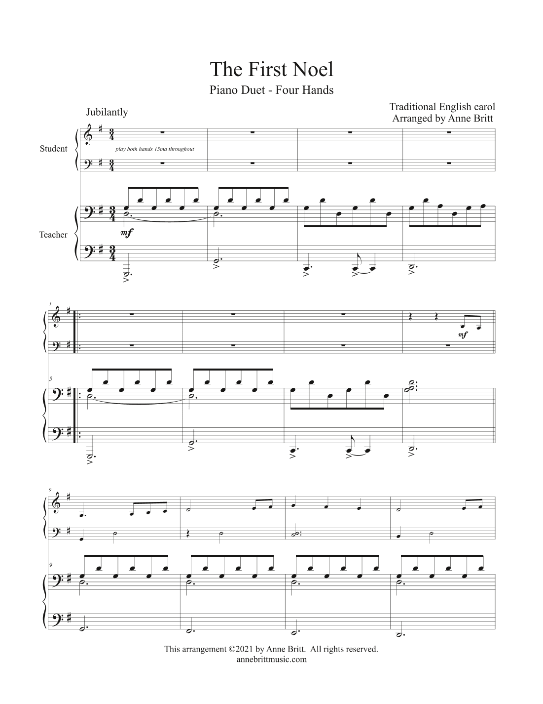 The First Noel (late elementary student/teacher piano duet) - key of G (arr. Anne Britt)