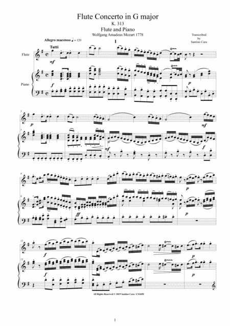 Mozart - Flute Concerto  in G major K 313 for Flute and Piano - Score and Part (arr. Santino Cara)