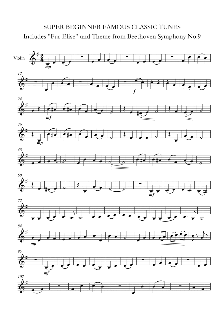 Beginner Violin - FAMOUS CLASSIC TUNES Includes "Fur Elise" and Theme from Beethoven Symphony No.9 (arr. Ellen Macpherson)