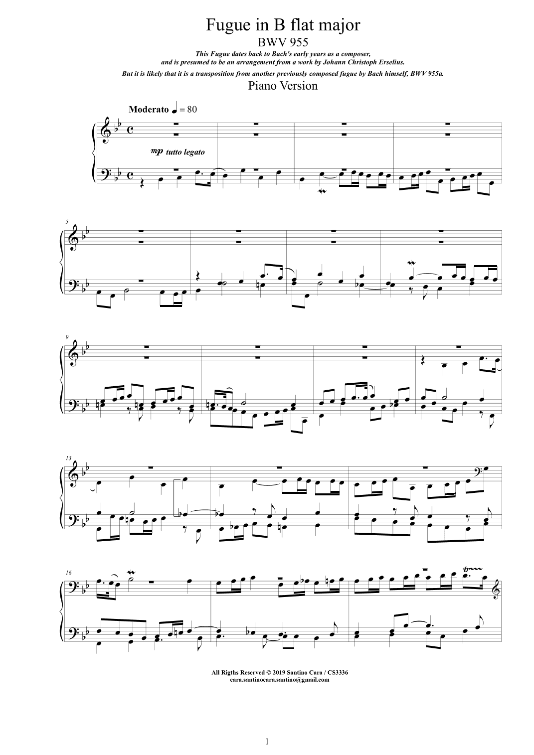 Bach - Fuga in B flat major BWV 955 - Piano version (arr. Santino Cara)