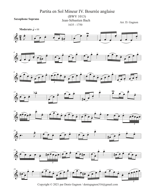 Partita en Sol Mineur IV. Bourrée anglaise (BWV 1013) (arr. D. Gagnon)
