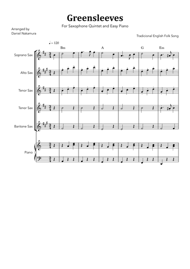 Greensleeves (For Sax Quintet and Easy Piano) (arr. Daniel Nakamura)