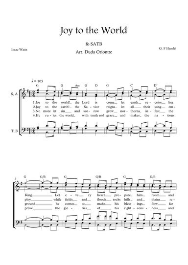 Joy to the World (G major - SATB - with chords - no piano - four staff) (arr. Duda Oriontte)