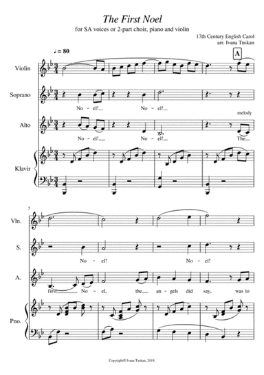The First Noel for SA solo voices or 2 – part choir, piano and violin. (arr. Ivana Tuskan)
