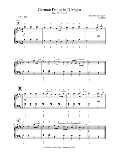 German Dance in D Major - Franz Joseph Haydn (Piano Transcription) (arr. Josh Cohen)