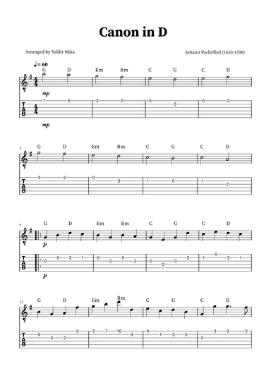 Canon in D - Acoustic Guitar Solo + TABLATURE (+CHORDS) (arr. Valdir Maia)