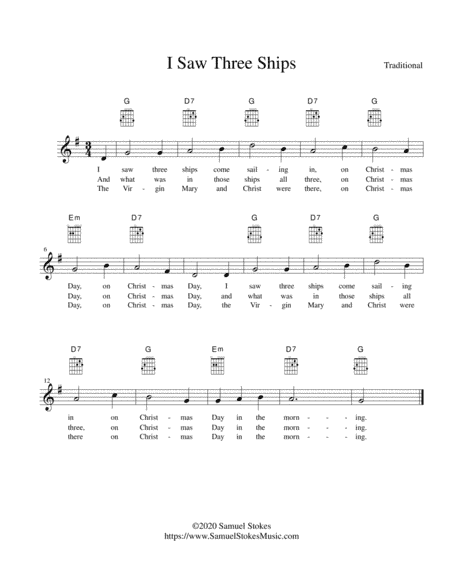 I Saw Three Ships - lead sheet in G major (arr. Samuel Stokes)