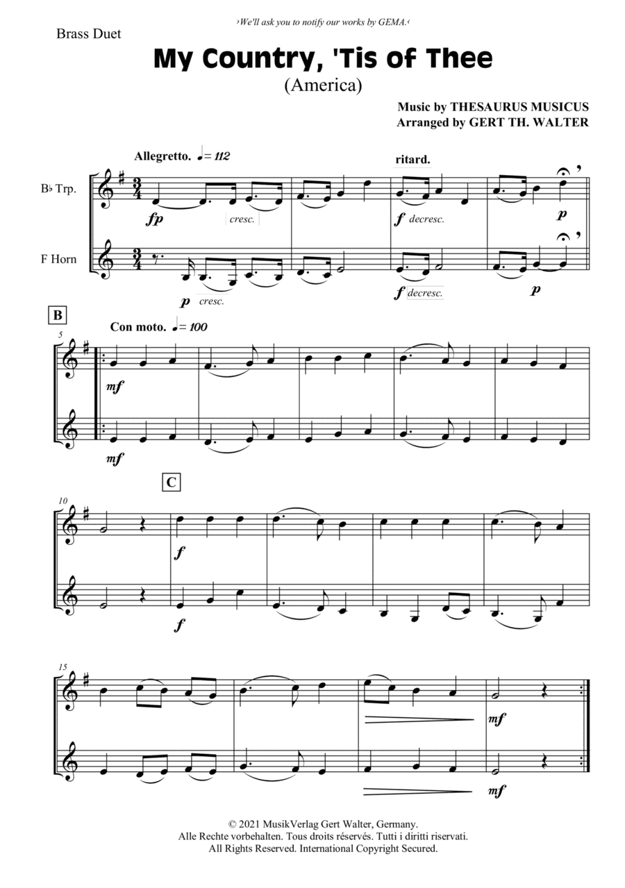 My Country, 'Tis Of Thee (America) (arr. Gert Th. Walter)
