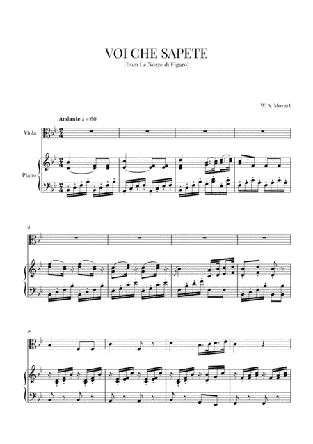 Mozart - Voi Che Sapete (for Viola and Piano) (arr. Cadenza Editions)