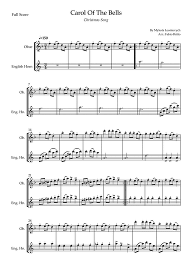Carol Of The Bells (Christmas Song) for Oboe & English Horn Duo (D Minor) (arr. Fabio Britto)