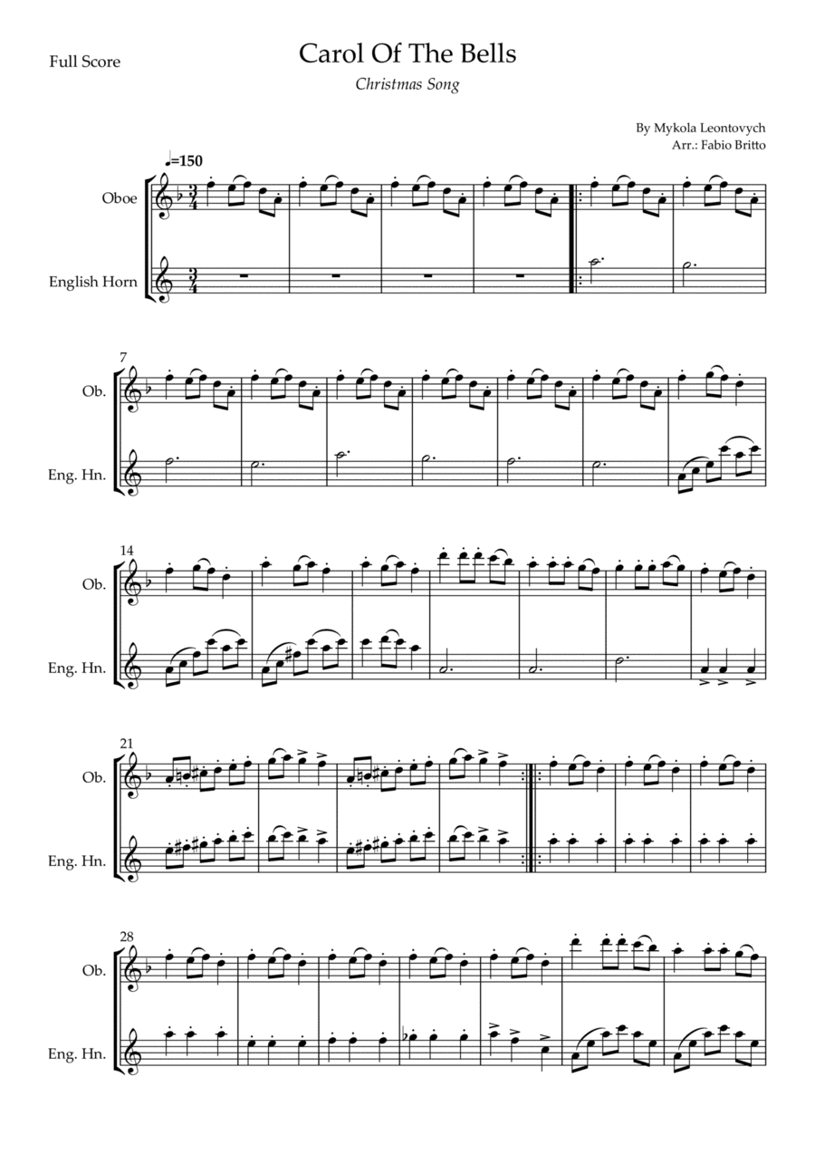 Carol Of The Bells (Christmas Song) for Oboe & English Horn Duo (D Minor) (arr. Fabio Britto)