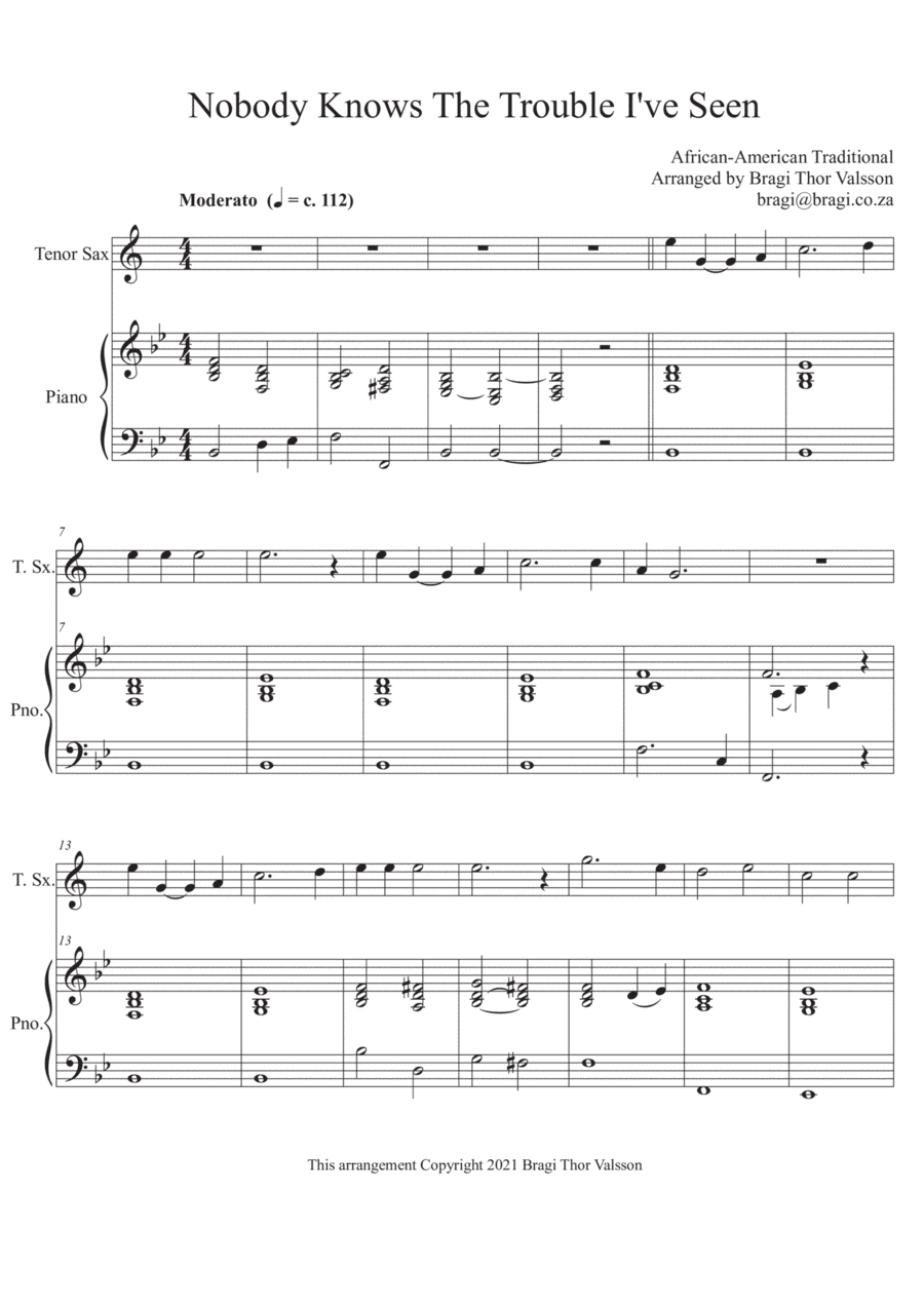 Nobody Knows The Trouble I've Seen - Tenor Saxophone with Piano accompaniment (arr. Bragi Thor Valsson)