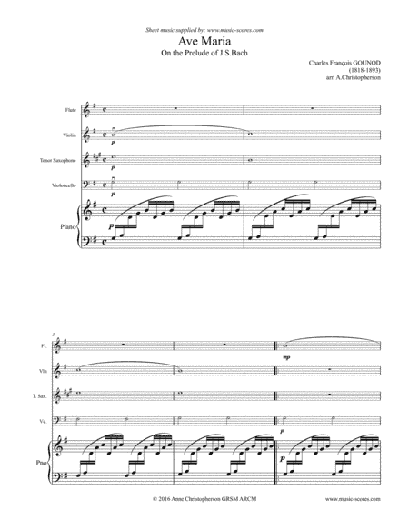 Ave Maria - Flute, Violin, Tenor Saxophone, Cello and Piano - G major (arr. Anne Christopherson GRSM ARCM)