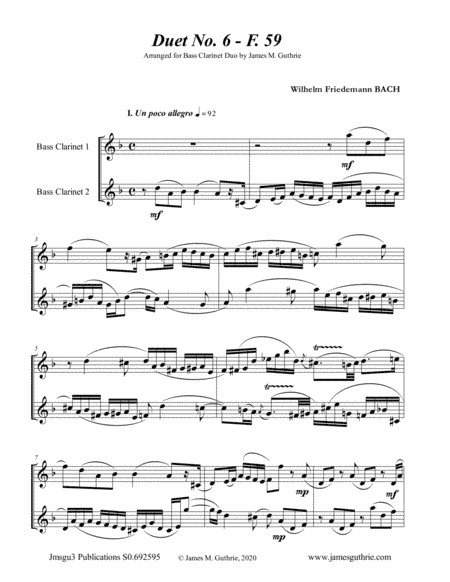 WF Bach: Duet No. 6 for Bass Clarinet Duo (arr. James M. Guthrie, ASCAP)