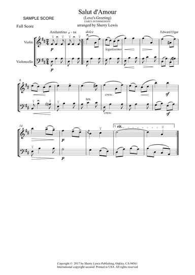SALUT D'AMOUR String Duo, Early Intermediate Level for violin and cello (arr. Sherry Lewis)