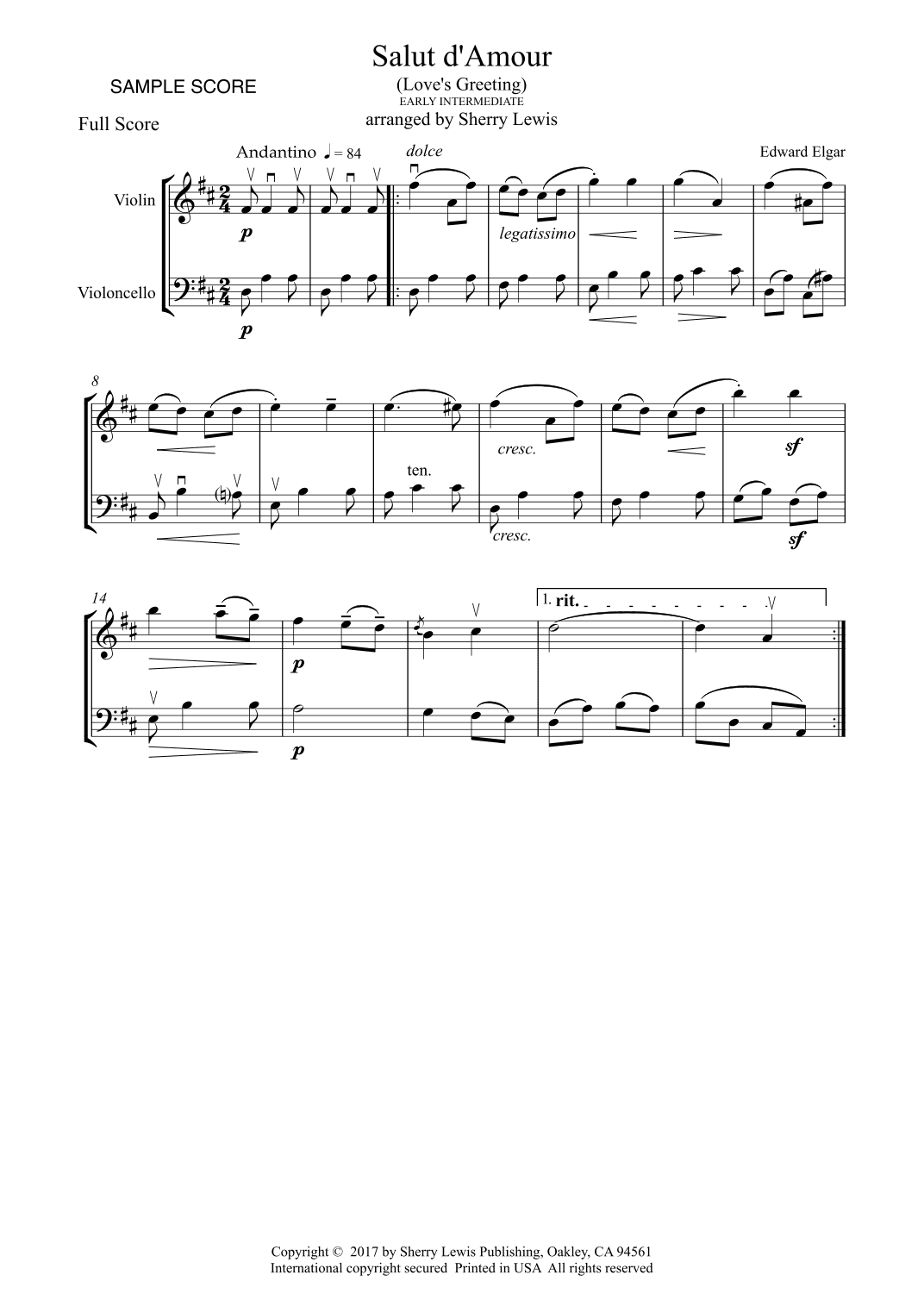 SALUT D'AMOUR String Duo, Early Intermediate Level for violin and cello (arr. Sherry Lewis)