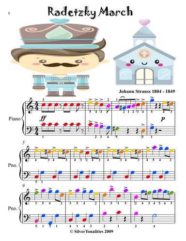 Radetzky March Easy Piano Sheet Music with Colored Notation (arr. SilverTonalities)