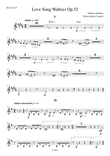 Brahms - Love Song Waltzes Op.52 for Choir and Chamber Orchestra - Horn 2 (arr. Adrian Connell)