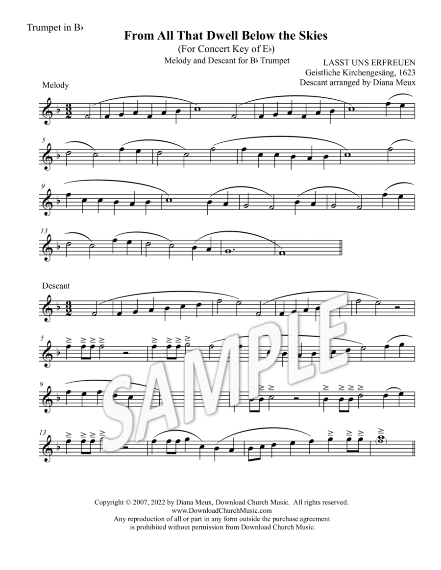 From All That Dwell Below the Skies - Trumpet melody & descant (Key of Eb) (arr. Diana Meux)