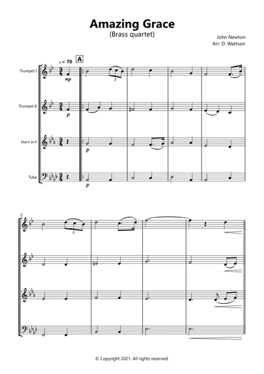 Amazing Grace for brass quartet (arr. Douglas Wattson)
