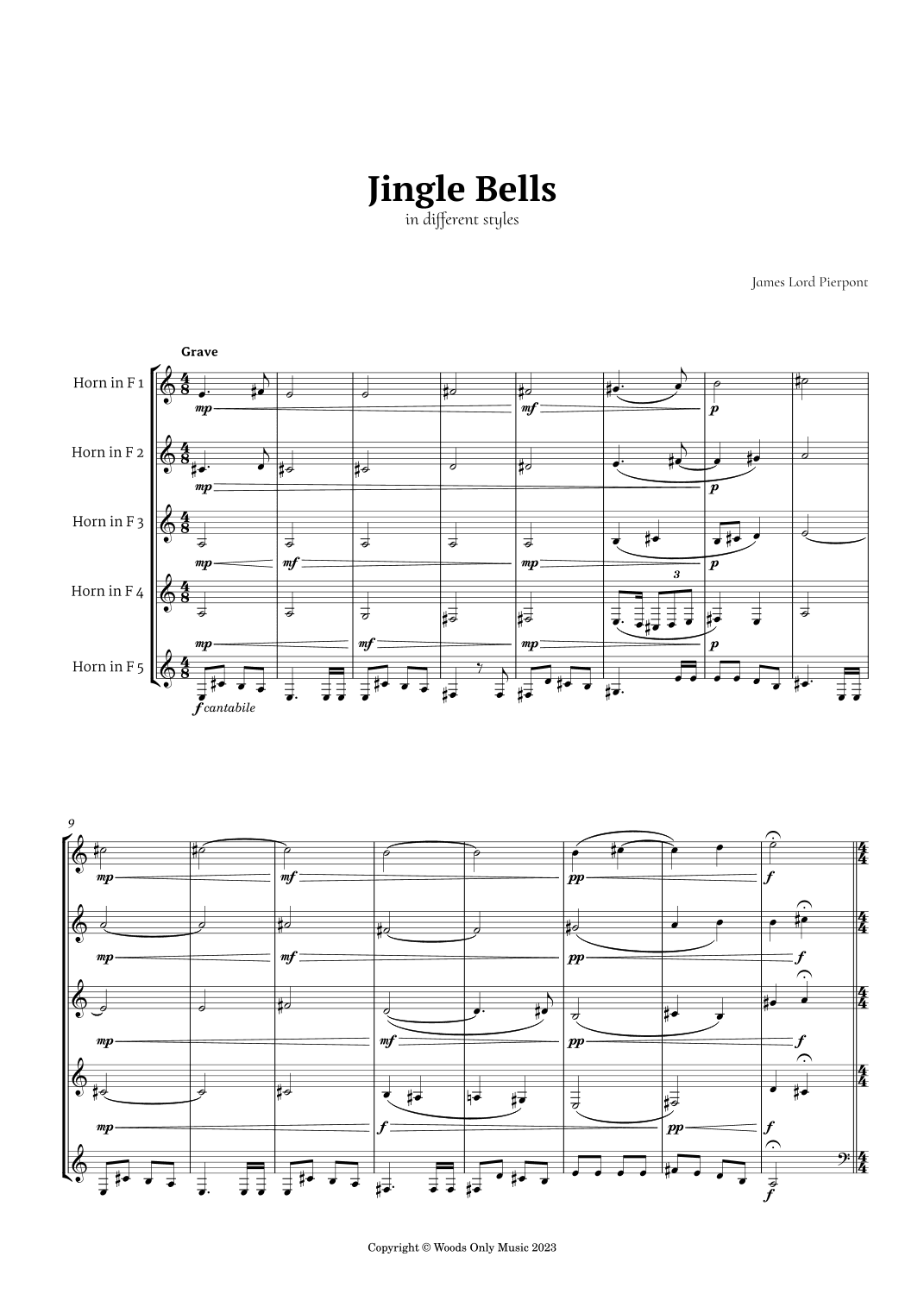 Jingle Bells in Different Styles for French Horn Quintet (arr. Ander)