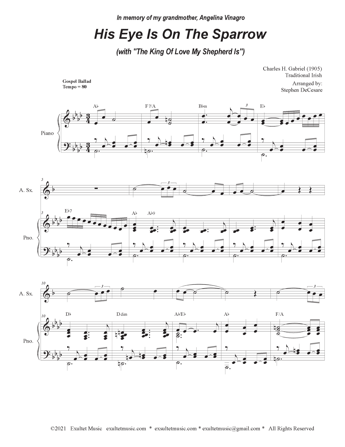 His Eye Is On The Sparrow (with "The King Of Love My Shepherd Is") (Alto Saxophone and Piano) (arr. Stephen DeCesare)