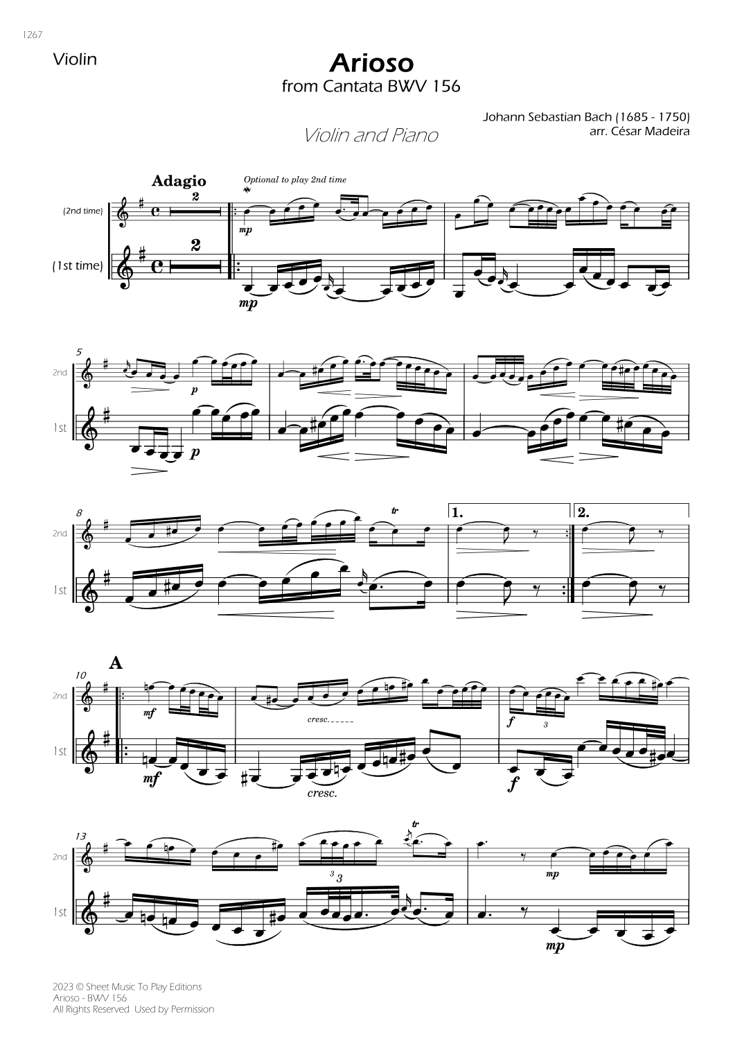 Arioso (BWV 156) - Violin and Piano (Individual Parts) (arr. César Madeira)
