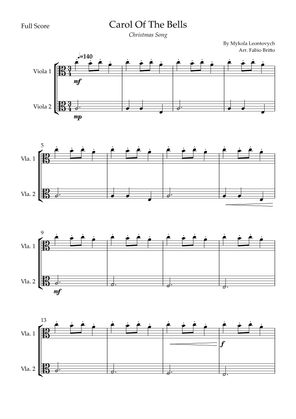 Carol Of The Bells (Christmas Song) for Viola Duo (arr. Fabio Britto)