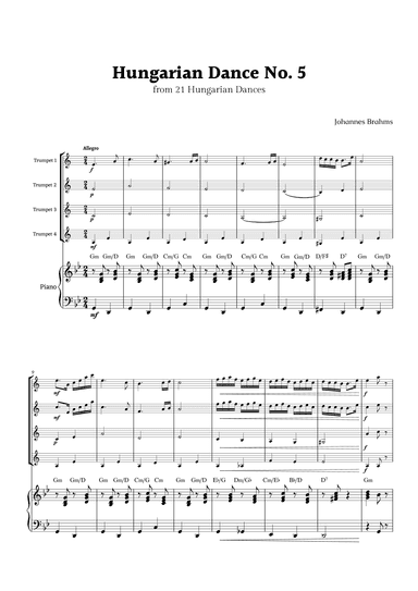 Hungarian Dance No. 5 by Brahms for Trumpet Quartet and Piano (arr. Rika K.)