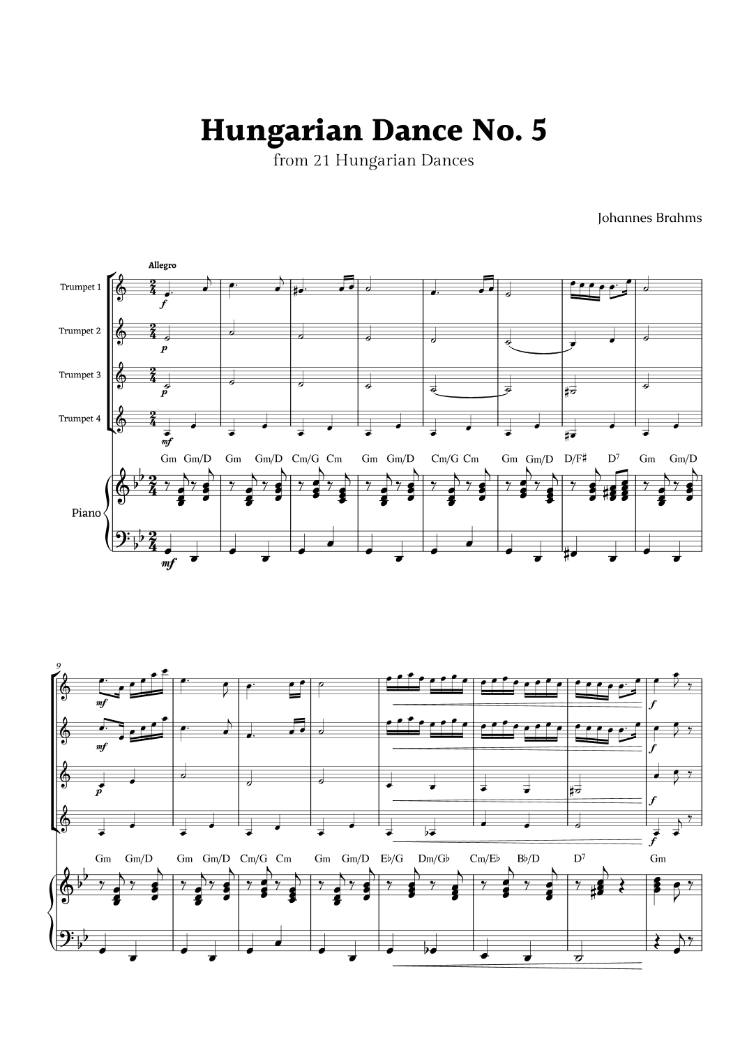 Hungarian Dance No. 5 by Brahms for Trumpet Quartet and Piano (arr. Rika K.)